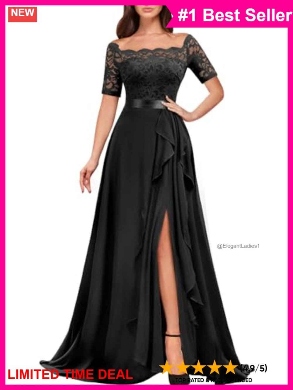 Off Shoulder Floral Lace High Split Chiffon Bridesmaid Gown Formal Dress